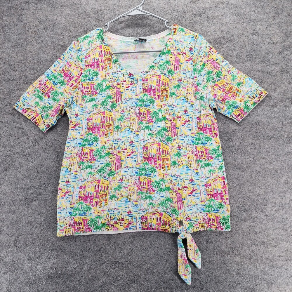 Talbots Shirt Womens Large Short Sleeve V Neck Tie Front